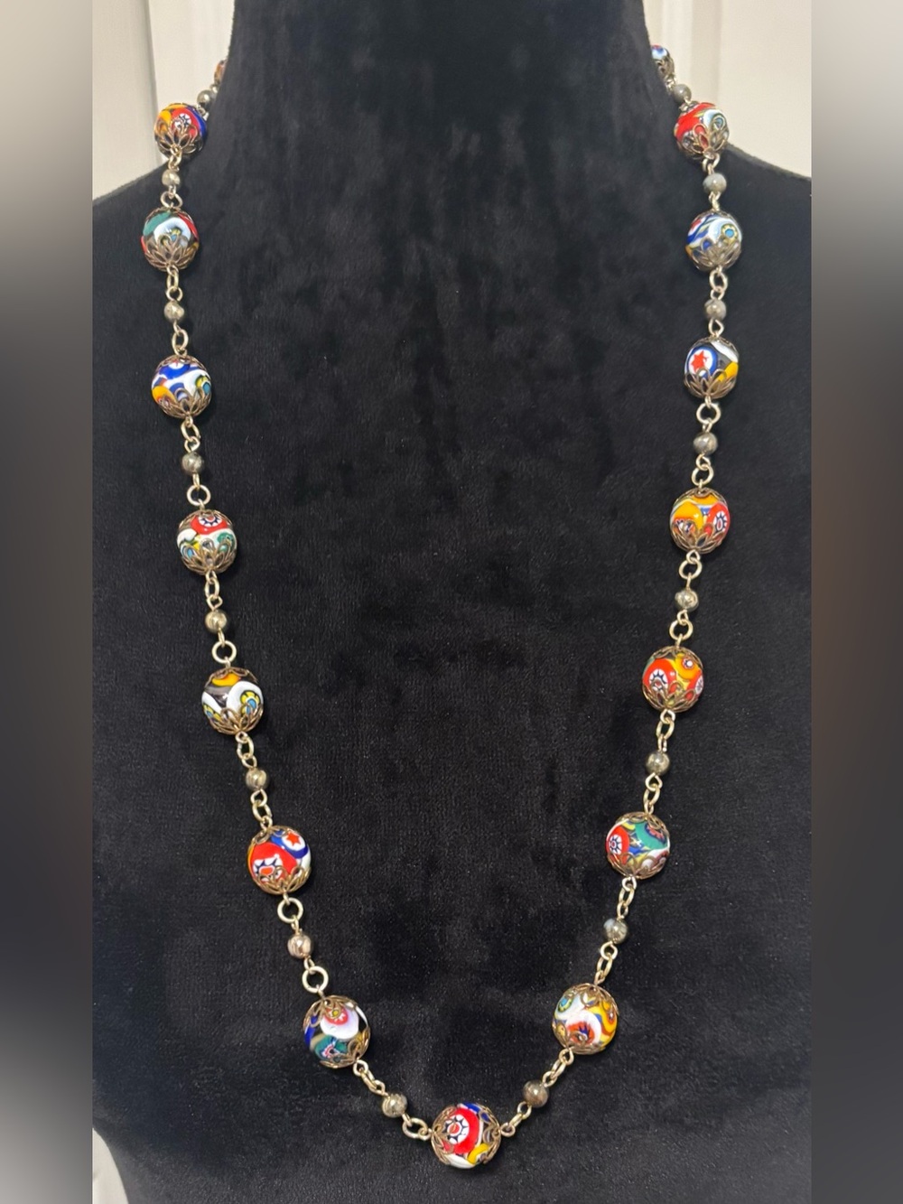 Vintage Colorful Enamel Bead Necklace with Gold Tone Filigree Accents